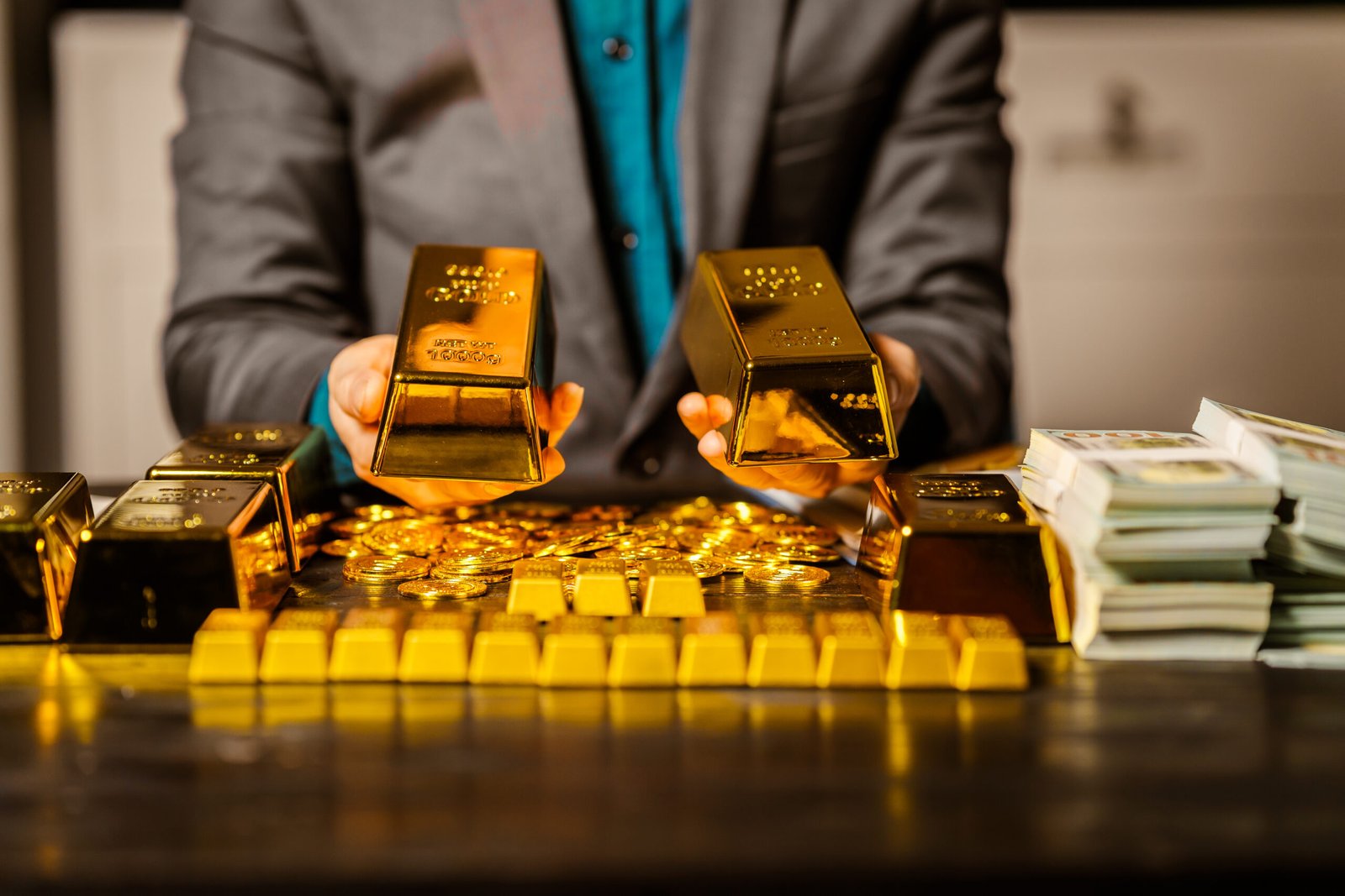 A businessman sits at his desk in a nighttime office, using a laptop to analyze gold bar prices