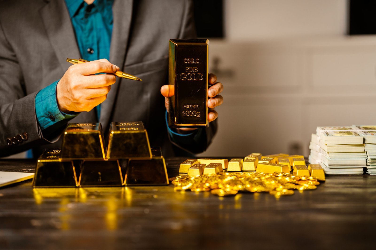 A businessman sits at his desk in a nighttime office, using a laptop to analyze gold bar prices